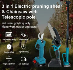 3-in-1 Cordless Electric Pruning Shear & 6 Inch Mini Chainsaw with Telescopic Pole, 400W Motor, Dual 48VF Li-ion Batteries, High Hardness Quenched Chain, Adjustable Chain Tension, Garden Tree Pruning Kit with Charger, Sharpening Stone & Tool Set