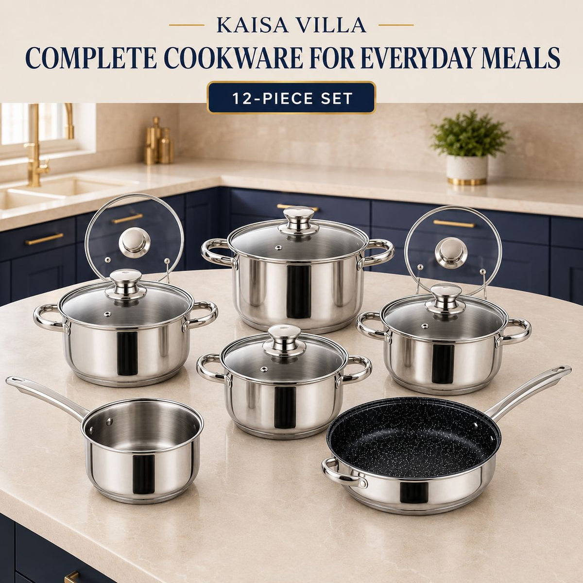 Kaisa Villa 12-Piece Stainless Steel Induction Cookware Set with 5-Layer Capsule Base, Tempered Glass Lids, Casseroles, Saucepan and Marble-Coated Frypan