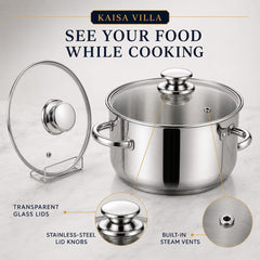 Kaisa Villa 12-Piece Stainless Steel Induction Cookware Set with 5-Layer Capsule Base, Tempered Glass Lids, Casseroles, Saucepan and Marble-Coated Frypan