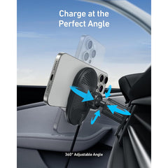 شاحن السيارة اللاسلكي Anker MagGo بقوة 15 وات (وسادة، كابل USB-C مدمج بطول 5 أقدام) مع شاحن سيارة بقوة 25 وات باللون الأسود