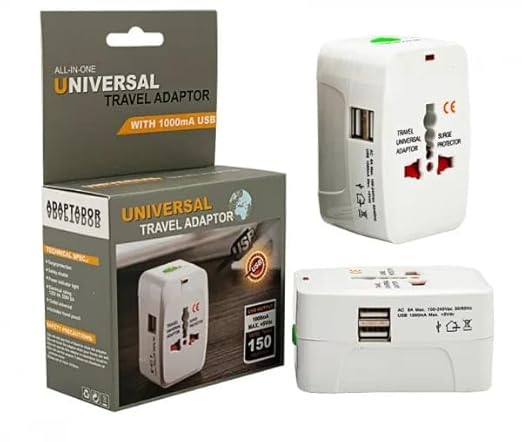 محول سفر عالمي متعدد الاستخدامات مع منفذي USB مع حماية مدمجة من زيادة التيار، متوافق مع الهواتف الذكية والأجهزة اللوحية وأجهزة الكمبيوتر المحمولة والكاميرات
