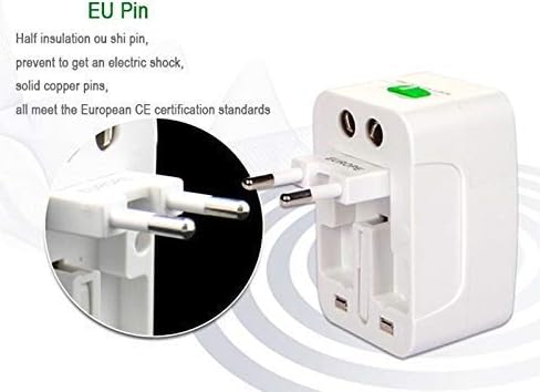 محول سفر عالمي متعدد الاستخدامات مع منفذي USB مع حماية مدمجة من زيادة التيار، متوافق مع الهواتف الذكية والأجهزة اللوحية وأجهزة الكمبيوتر المحمولة والكاميرات