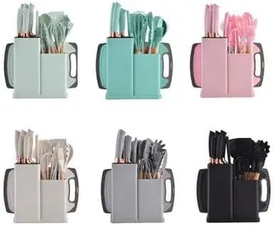 Premium 19-Piece Silicone Kitchenware & Knife Set with Cutting Board & Holding Stand