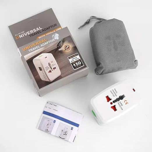 محول سفر عالمي متعدد الاستخدامات مع منفذي USB مع حماية مدمجة من زيادة التيار، متوافق مع الهواتف الذكية والأجهزة اللوحية وأجهزة الكمبيوتر المحمولة والكاميرات