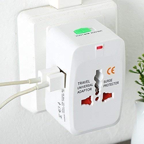 محول سفر عالمي متعدد الاستخدامات مع منفذي USB مع حماية مدمجة من زيادة التيار، متوافق مع الهواتف الذكية والأجهزة اللوحية وأجهزة الكمبيوتر المحمولة والكاميرات