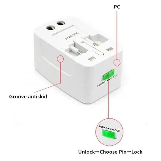 محول سفر عالمي متعدد الاستخدامات مع منفذي USB مع حماية مدمجة من زيادة التيار، متوافق مع الهواتف الذكية والأجهزة اللوحية وأجهزة الكمبيوتر المحمولة والكاميرات
