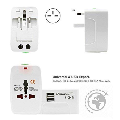 محول سفر عالمي متعدد الاستخدامات مع منفذي USB مع حماية مدمجة من زيادة التيار، متوافق مع الهواتف الذكية والأجهزة اللوحية وأجهزة الكمبيوتر المحمولة والكاميرات