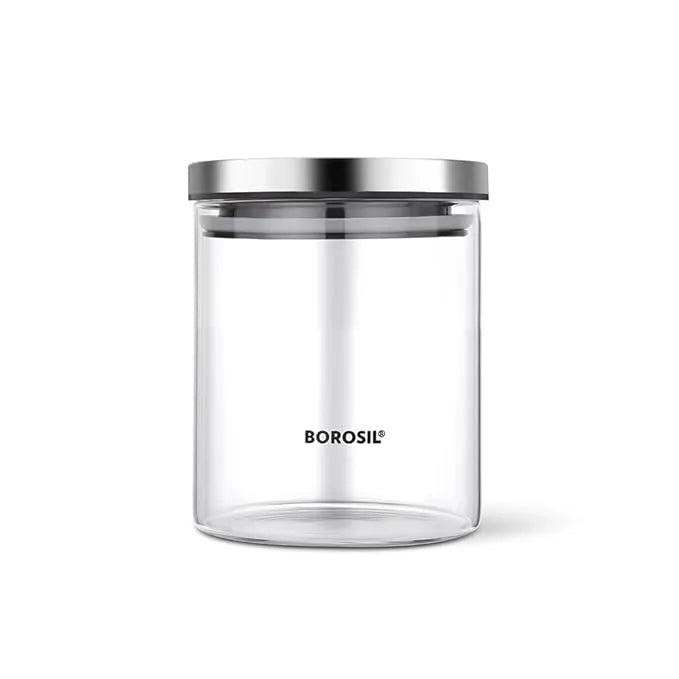 Borosil Classic Borosilicate Glass Storage Jar with Stainless Steel Lid, Microwave Oven & Freezer Safe Food Container