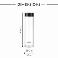 Borosil Neo Borosilicate Glass Water Bottle 550 ml with Black Stainless Steel Lid, Freezer & Dishwasher Safe