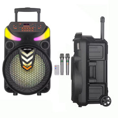 15 Inch Portable Rechargeable Bluetooth Party Speaker with 1700W Peak Music Power, RGB LED Lights, 2 Wireless Microphones, RC, TWS, USB, AUX, TF Card, MP3 Playback & Karaoke Function