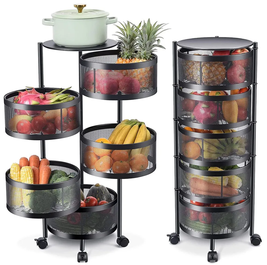 Multi Layer Round Metal Kitchen Storage Rack with Rotating Shelves & Wheels