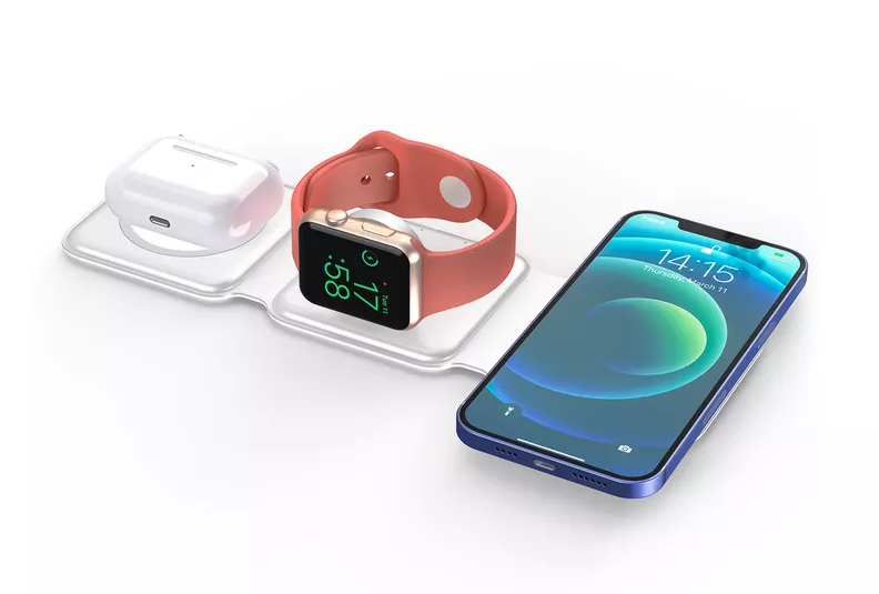 شاحن سفر لاسلكي مغناطيسي محمول قابل للطي 3 في 1 بقوة 15 وات للهواتف الذكية وiWatch وAirpods