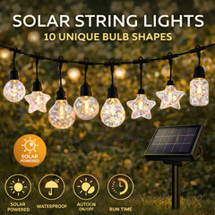 Solar & USB Rechargeable Decorative String Lights 5M Outdoor LED Light Set with 10 Unique Glass Bulb Shapes, 8 Lighting Modes Waterproof Patio Garden Party Hanging Lights with Auto On/Off