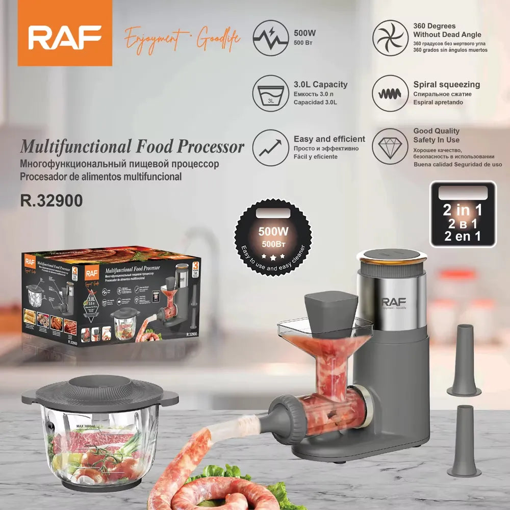 RAF 3L Multifunctional Food Processor 500W 2-Speed Meat Grinder & Sausage Maker with 360° Mixing & Overheat Protection System