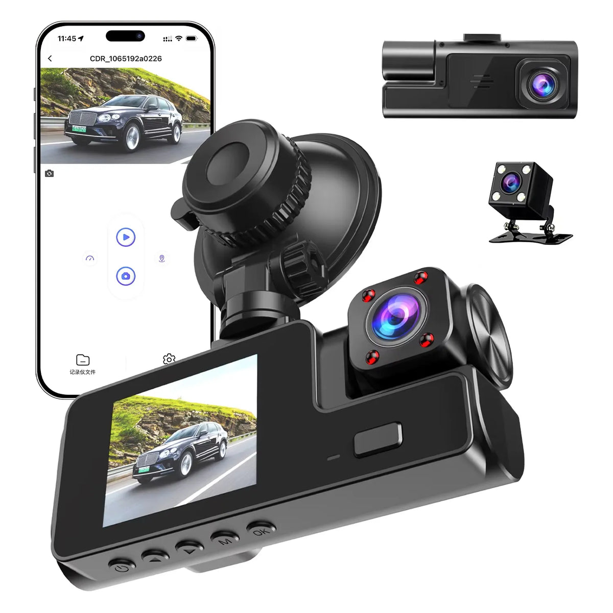 1080P Full HD 3 Channel Car Dash Camera with Front, Cabin & Rear Recording, 140° Wide Angle, Infrared Night Vision, G-Sensor, Motion Detection & Parking Monitor