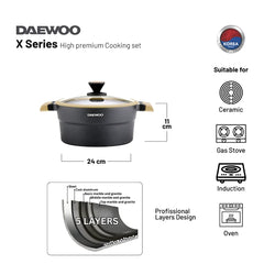 Daewoo X Series 11 Pcs Granite Cooking Set 32,28,24 cm Pot, 28 cm Pan, 28 cm Casserole with 2 Pcs of Utensil Tools - Black & Brown