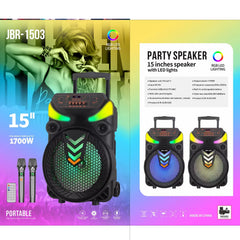 15 Inch Portable Rechargeable Bluetooth Party Speaker with 1700W Peak Music Power, RGB LED Lights, 2 Wireless Microphones, RC, TWS, USB, AUX, TF Card, MP3 Playback & Karaoke Function