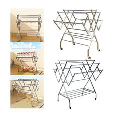 Premium Expandable Stainless Steel Clothes Drying Rack with Multi-Level Hanging Rails, Hanger Slots, Bottom Shelf, Foldable Frame & Caster Wheels – 145 × 120 × 115 CM