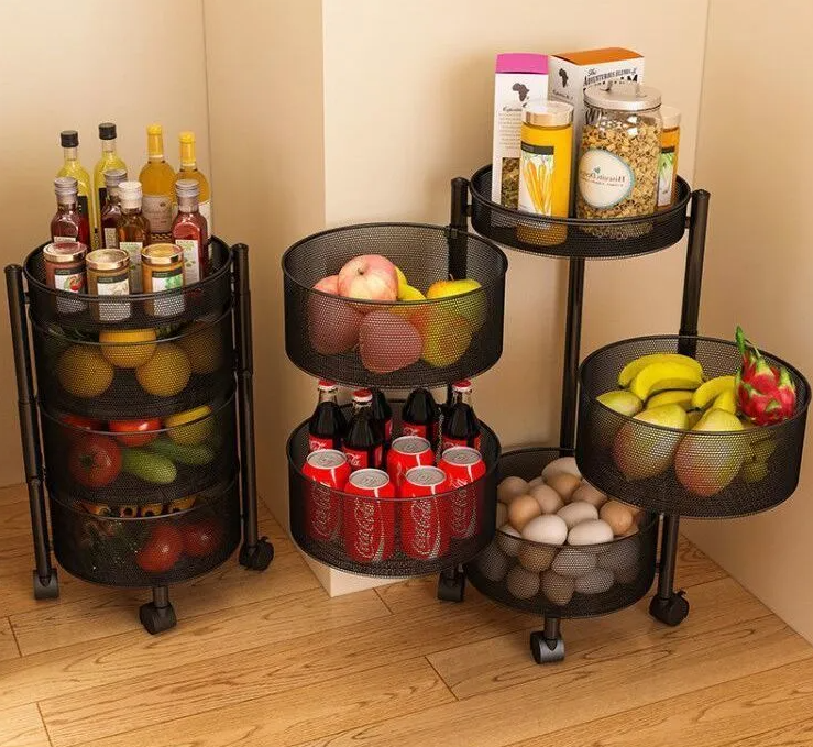 Multi Layer Round Metal Kitchen Storage Rack with Rotating Shelves & Wheels