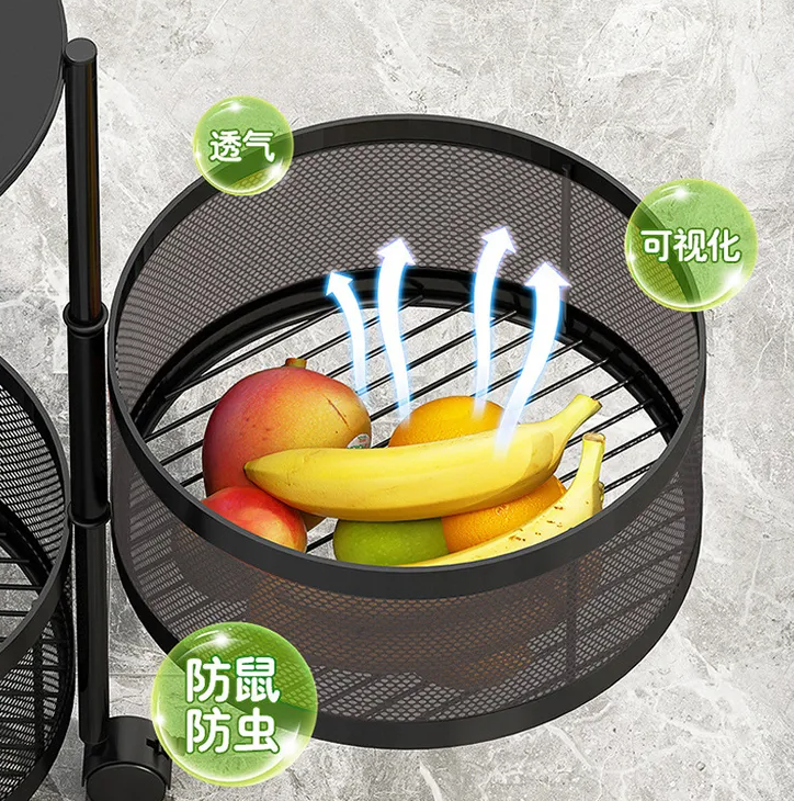 Multi Layer Round Metal Kitchen Storage Rack with Rotating Shelves & Wheels