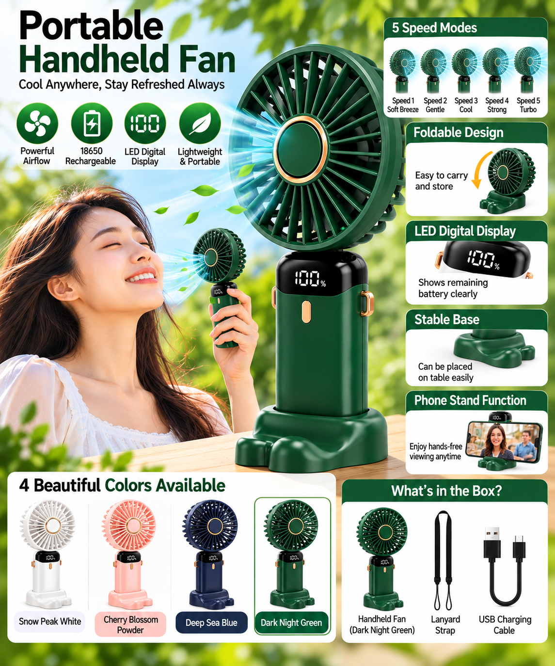 4-in-1 Portable Rechargeable Fan with 18650 Lithium Battery, 5 Air Speeds, Real-Time LED Battery Display, 90° Foldable Design, Aromatherapy Function & USB-C Charging