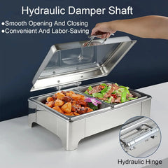 Premium Stainless Steel Double Compartment Chafing Dish Buffet Server with Glass Viewing Lid, Silent Soft-Close Cover, Food Warmer & Cooler Catering Buffet Set, Heavy Duty Mirror Finish Rectangular Chafer for Hotels, Restaurants, Weddings & Parties – 9L