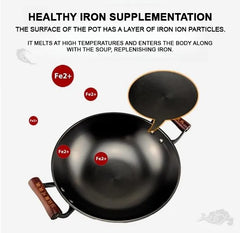 47 CM Large Uncoated Cast Iron Wok with Lid, Dual Handles, Thick Bottom & Even Heating for Frying, Stir-Frying, Stewing & Deep-Frying