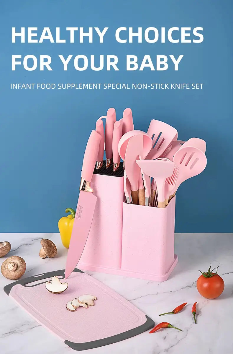 Premium 19-Piece Silicone Kitchenware & Knife Set with Cutting Board & Holding Stand
