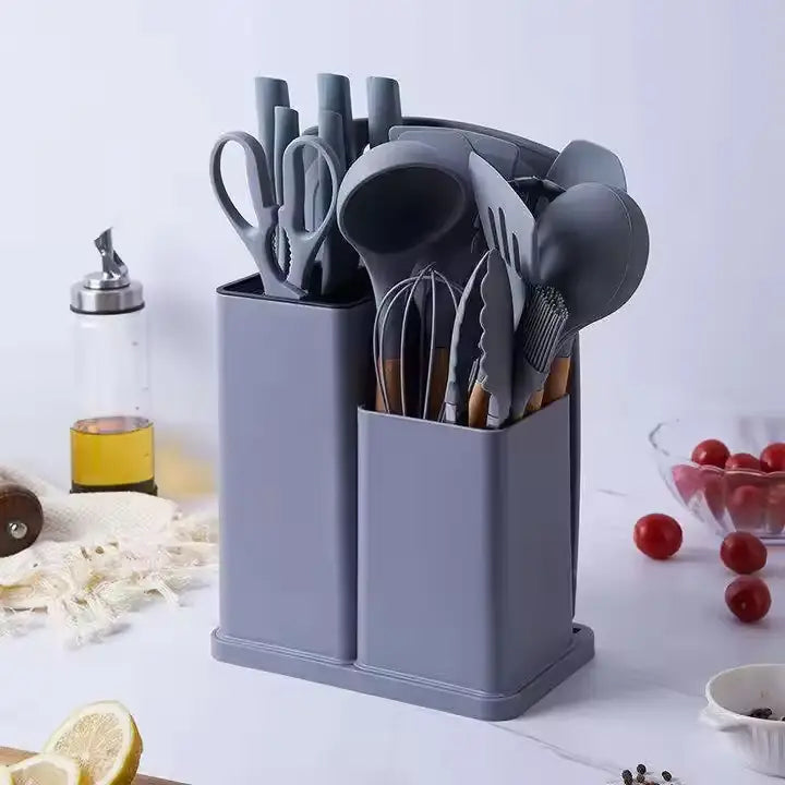 Premium 19-Piece Silicone Kitchenware & Knife Set with Cutting Board & Holding Stand