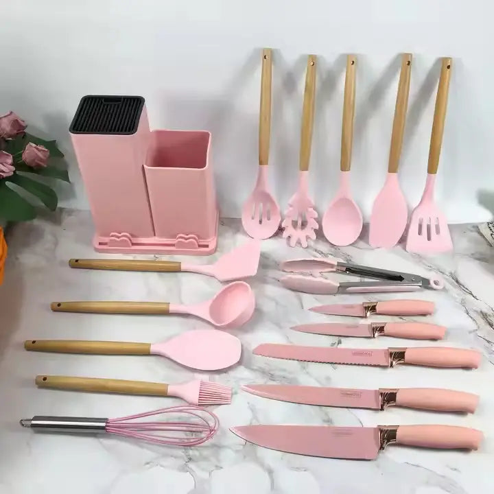 Premium 19-Piece Silicone Kitchenware & Knife Set with Cutting Board & Holding Stand