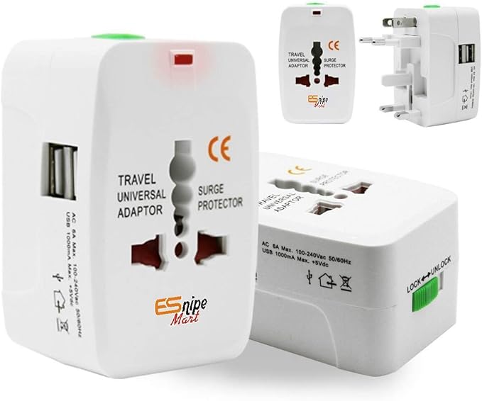 محول سفر عالمي متعدد الاستخدامات مع منفذي USB مع حماية مدمجة من زيادة التيار، متوافق مع الهواتف الذكية والأجهزة اللوحية وأجهزة الكمبيوتر المحمولة والكاميرات