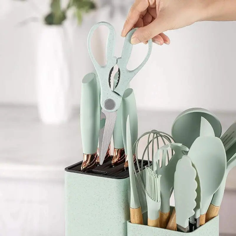Premium 19-Piece Silicone Kitchenware & Knife Set with Cutting Board & Holding Stand