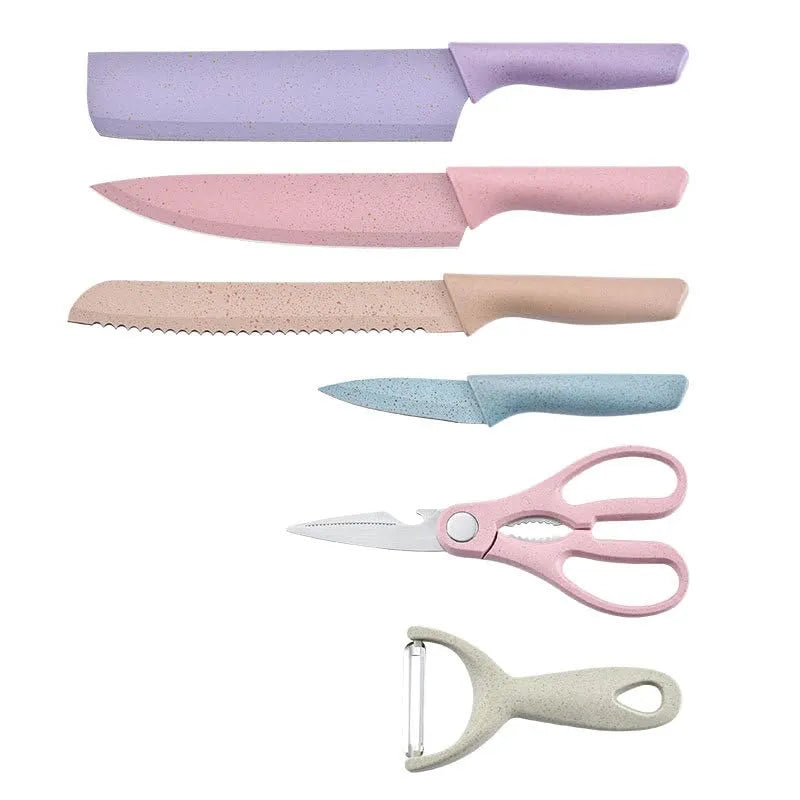 6-Piece  Stainless Steel Kitchen Knife Set with 8-Inch Chef Knife, Mini Cleaver, Bread Knife, Paring Knife, Multifunction Scissors, Peeler & Anti-Slip PP Handles