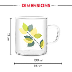 Borosil Vision Classic Borosilicate Glass Tea & Coffee Mug Set of 6 - 190ml |  Microwave Safe Transparent Green Leaves Design