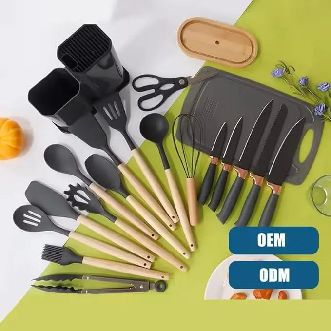 Premium 19-Piece Silicone Kitchenware & Knife Set with Cutting Board & Holding Stand