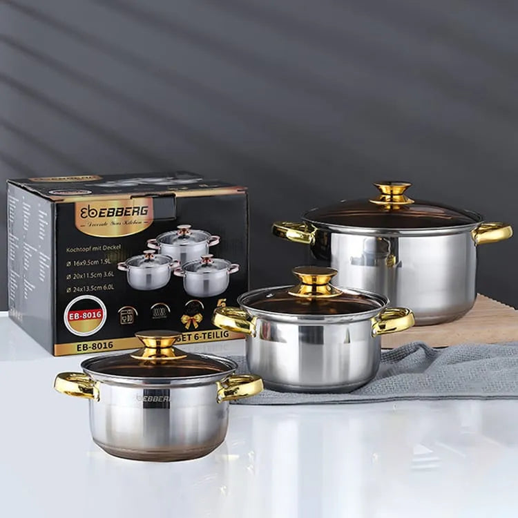 High Quality 3-Piece Stainless Steel Cookware Set with Glass Lids, Multi-Layer Base, Gas & Induction Compatible