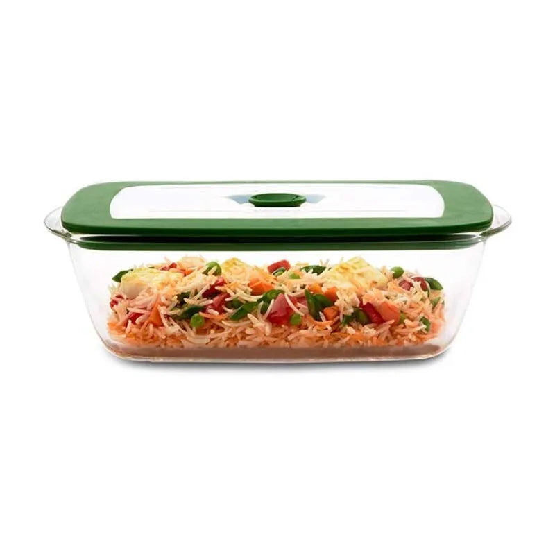 Borosil Rectangular Borosilicate Glass Storage and Baking Dish with Green Lid 2.6L Microwave Oven Freezer Safe Container