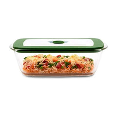 Borosil Rectangular Borosilicate Glass Storage and Baking Dish with Green Lid 2.6L Microwave Oven Freezer Safe Container