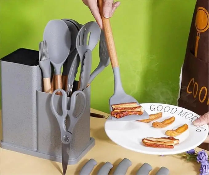 Premium 19-Piece Silicone Kitchenware & Knife Set with Cutting Board & Holding Stand