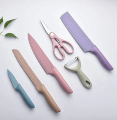 6-Piece  Stainless Steel Kitchen Knife Set with 8-Inch Chef Knife, Mini Cleaver, Bread Knife, Paring Knife, Multifunction Scissors, Peeler & Anti-Slip PP Handles