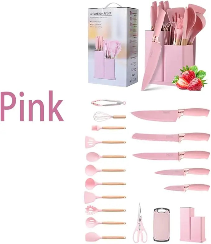 Premium 19-Piece Silicone Kitchenware & Knife Set with Cutting Board & Holding Stand