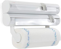 3-in-1 Wall Mounted Kitchen Roll Holder & Foil Cling Film Dispenser with Built-In Sliding Cutters, Removable Holders & Paper Towel Roll Holder