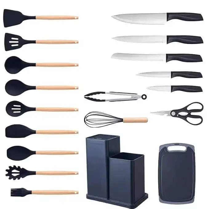 Premium 19-Piece Silicone Kitchenware & Knife Set with Cutting Board & Holding Stand