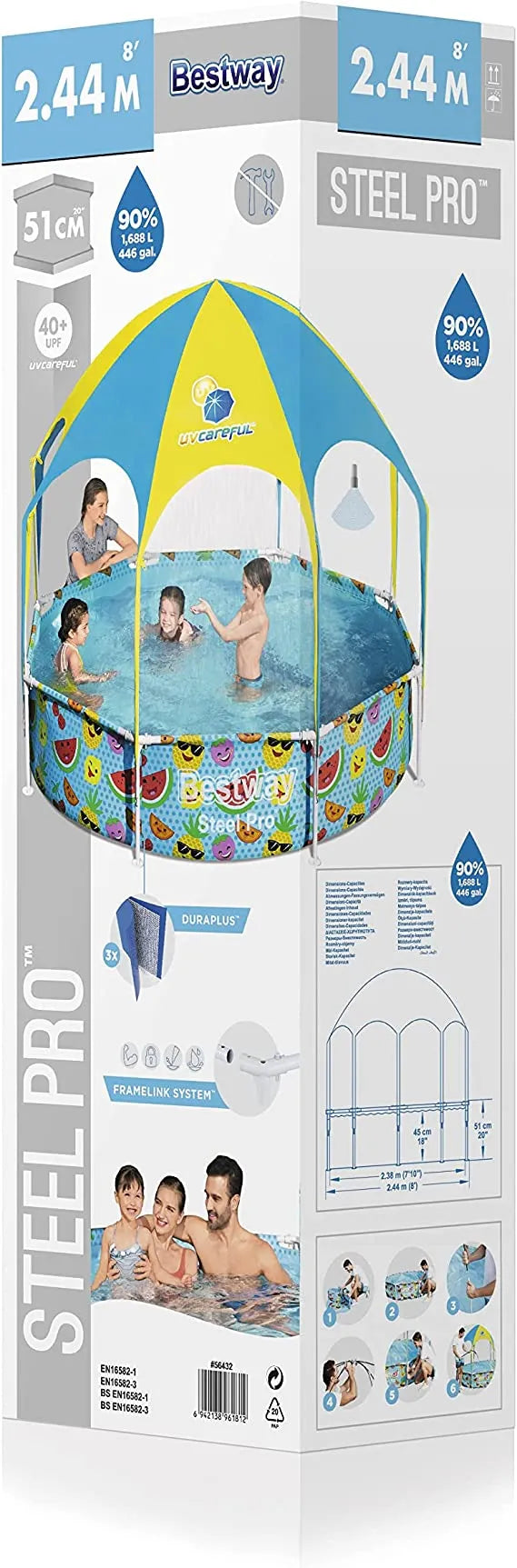 Bestway Steel Pro UV Care Steel Frame Pool with Sun Protection Roof 2.44m x 2.44m x 51cm