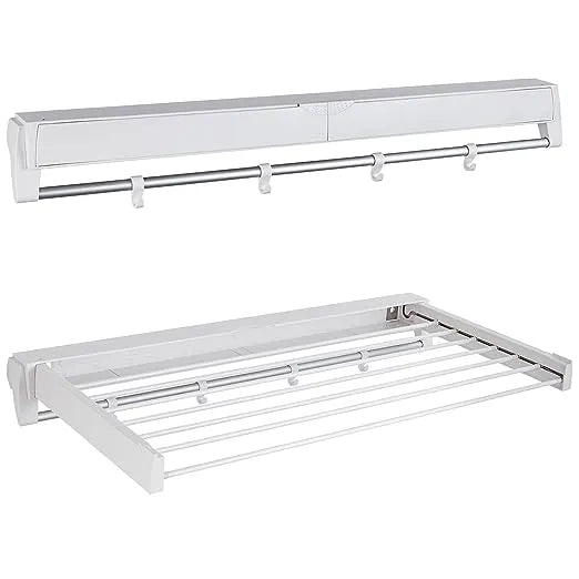 Foldable Wall Mounted Clothes Drying Rack with Hooks - 80cm