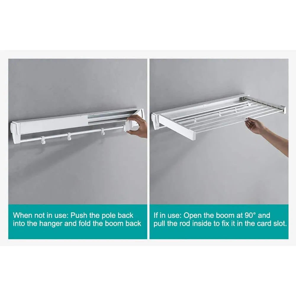 Foldable Wall Mounted Clothes Drying Rack with Hooks - 80cm