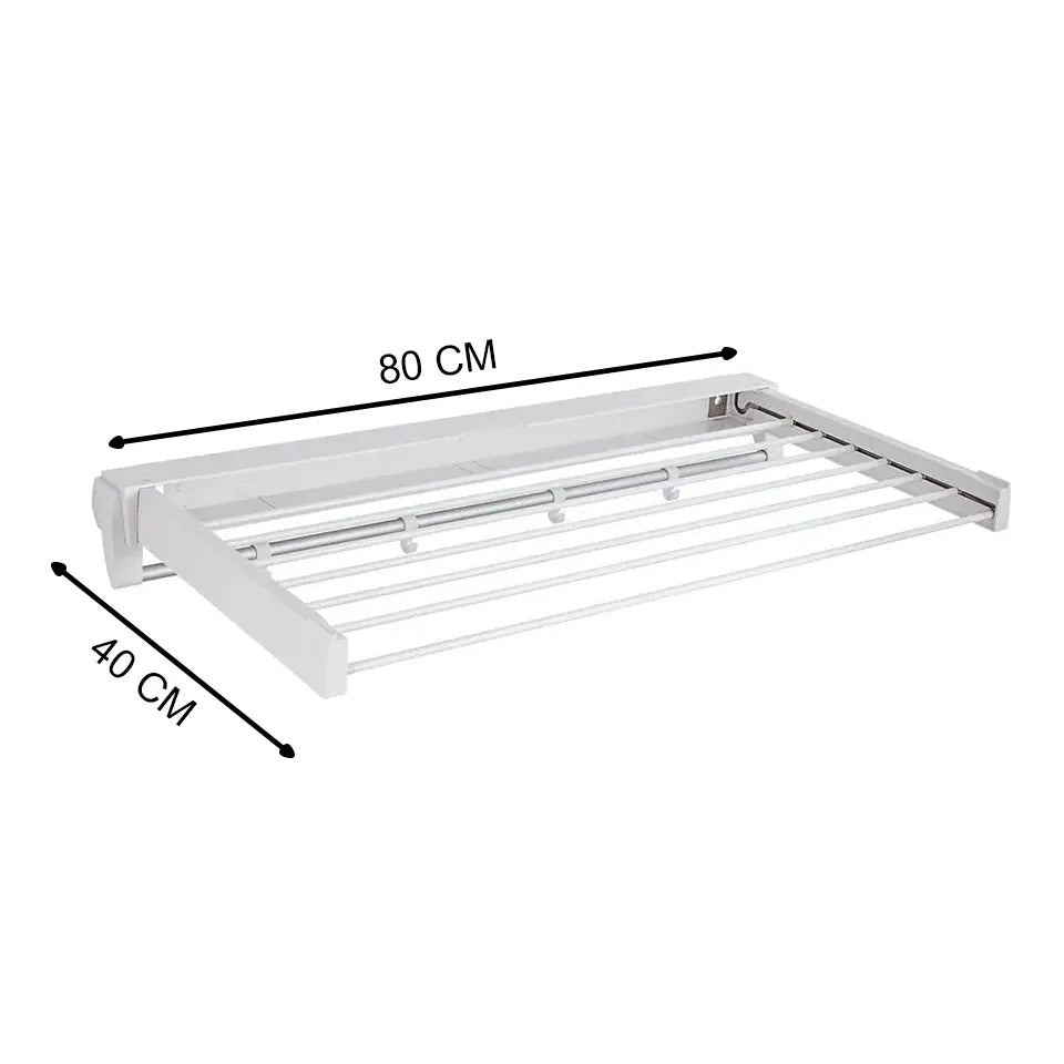 Foldable Wall Mounted Clothes Drying Rack with Hooks - 80cm