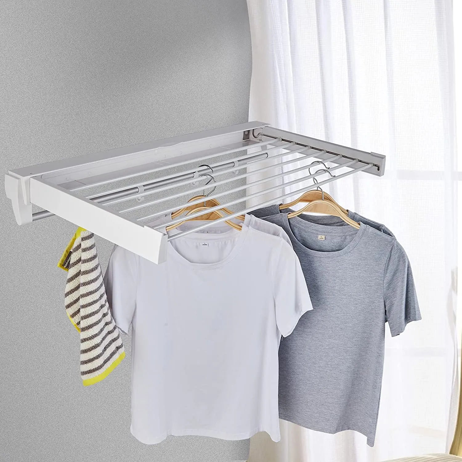 Foldable Wall Mounted Clothes Drying Rack with Hooks - 80cm
