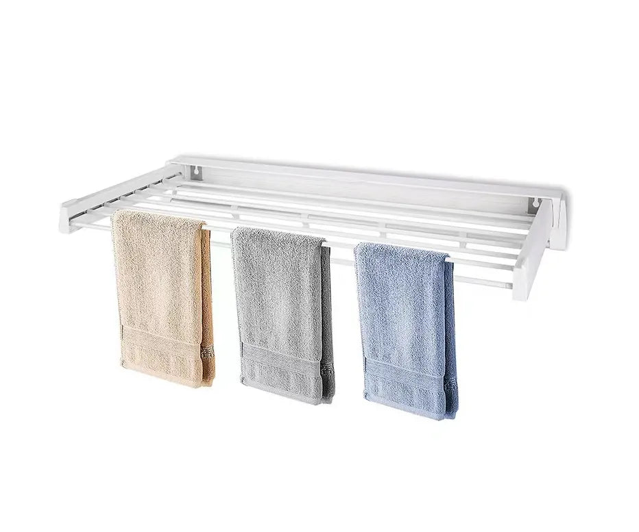 Foldable Wall Mounted Clothes Drying Rack with Hooks - 80cm