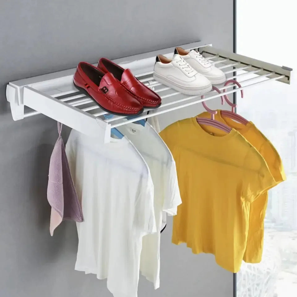 Foldable Wall Mounted Clothes Drying Rack with Hooks - 80cm
